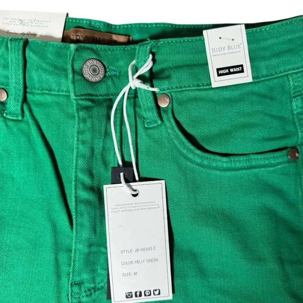 Judy Blue Shorts Green High Rise Tummy Control Cuffed Garment Dyed Stretch Denim - Picture 13 of 16
